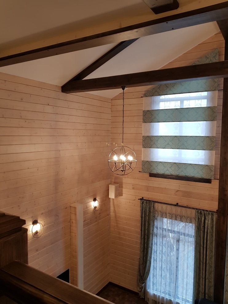 проект дома из клееного бруса, гостиная, лестница и баллюстрада, второй свет