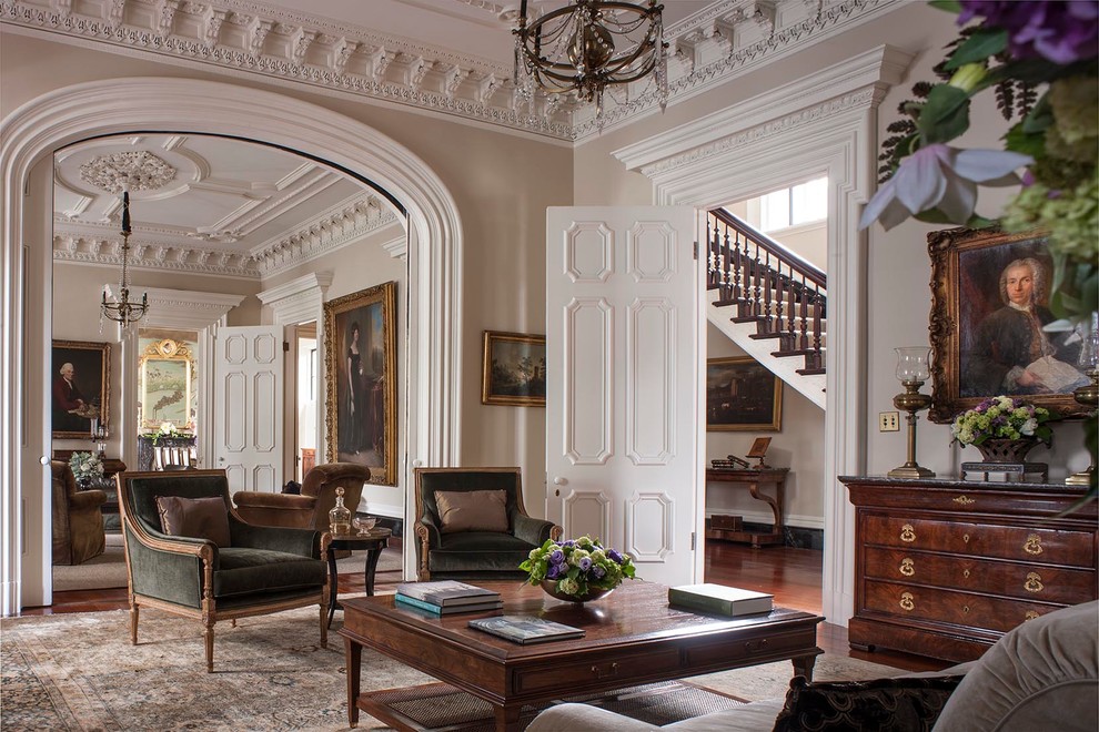 Design ideas for a traditional formal enclosed living room in Charleston with beige walls.