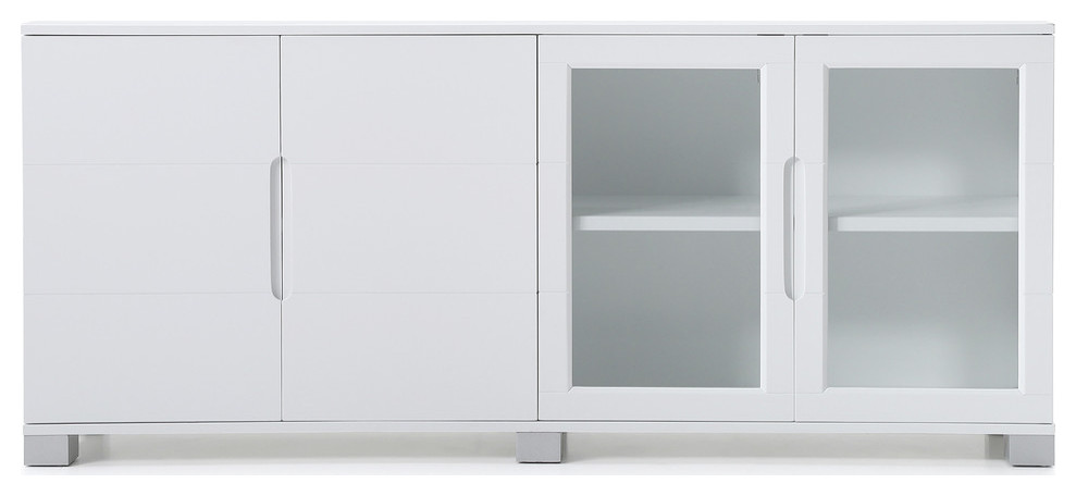 72.5” Modern Hayes White Matte Lacquer Cabinet 2 Glass Doors 2 Wood Doors