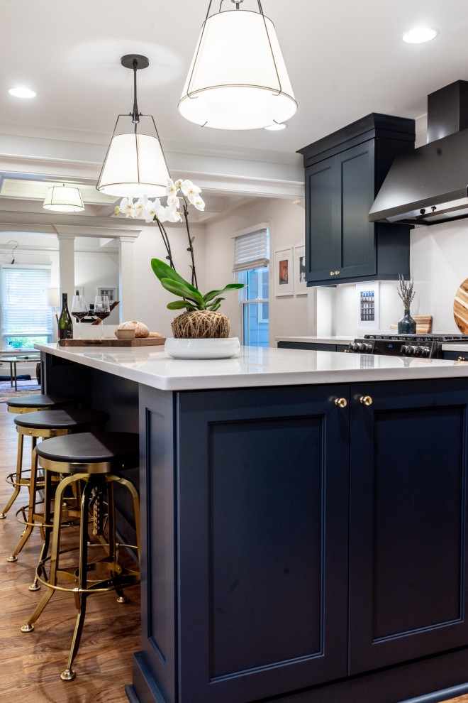アトランタにある高級な中くらいなモダンスタイルのおしゃれなキッチン (アンダーカウンターシンク、シェーカースタイル扉のキャビネット、青いキャビネット、クオーツストーンカウンター、白いキッチンパネル、クオーツストーンのキッチンパネル、黒い調理設備、無垢フローリング、マルチカラーの床、白いキッチンカウンター) の写真