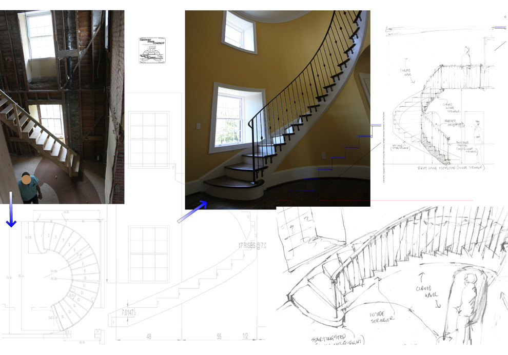 Inspiration for a mid-sized timeless wooden curved metal railing staircase remodel in DC Metro with wooden risers