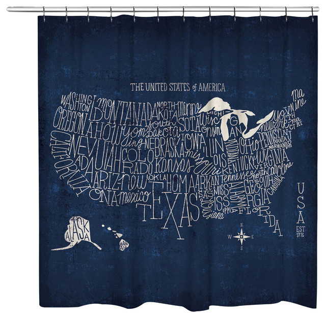 Hand Lettered Blueprint Us Map Shower Curtain Contemporary