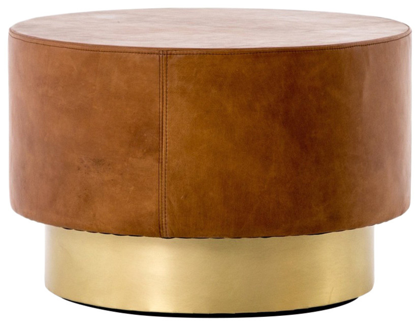 Flynn Round Brown Leather Coffee Table Transitional Coffee Tables