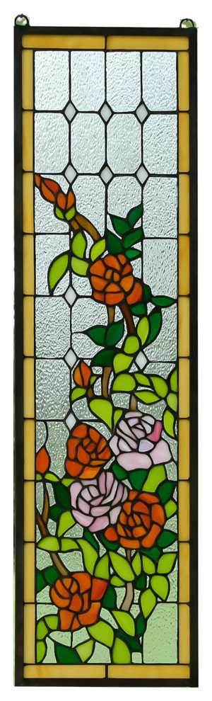 9" x 36" Handcrafted stained glass window panel Rose Flowers 