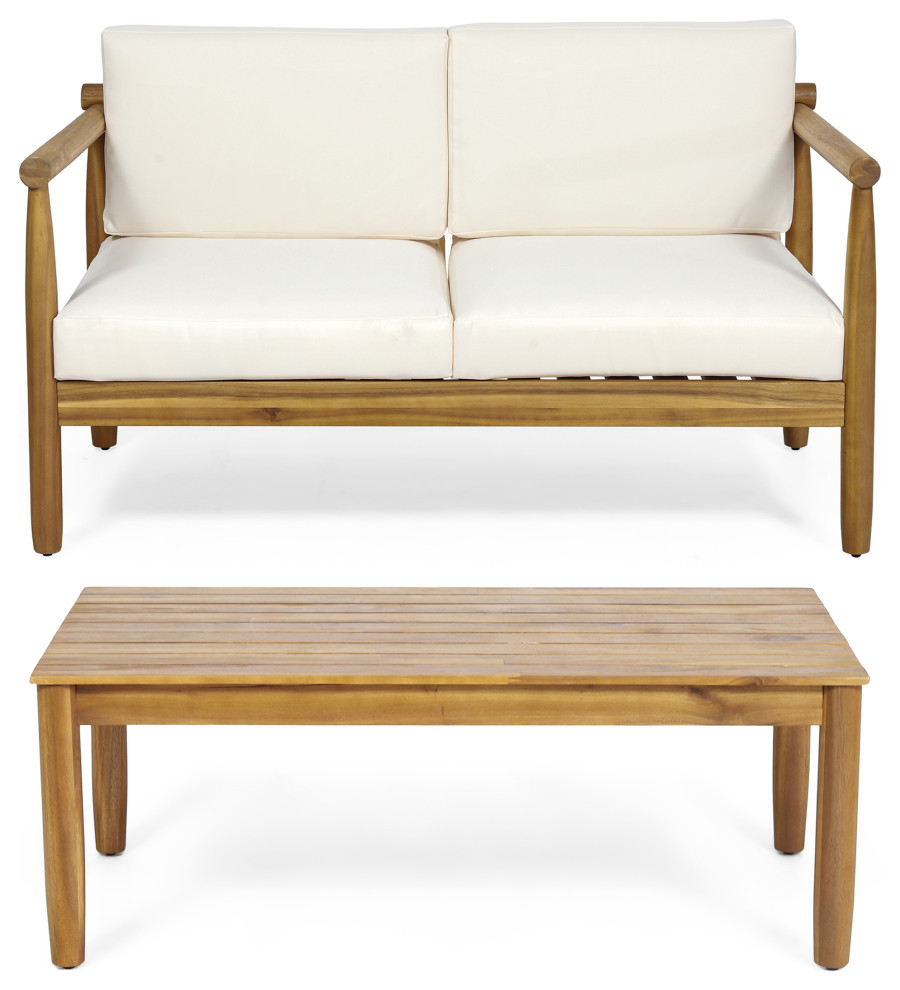 Benewah Outdoor Acacia Wood Loveseat and Coffee Table With Cushions, Teak, Cream