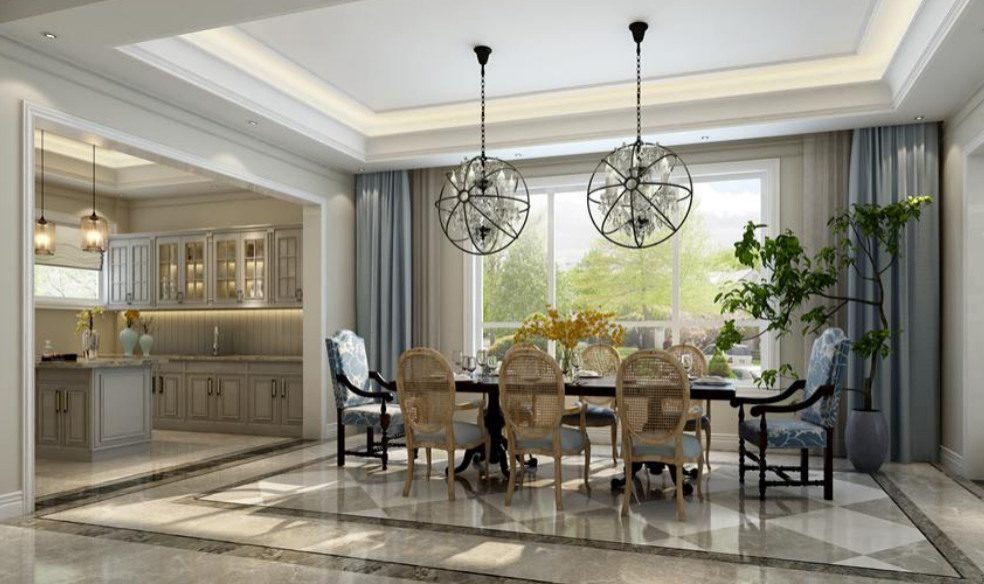 Esempio di una sala da pranzo aperta verso la cucina moderna di medie dimensioni con pavimento in marmo, pavimento marrone e soffitto ribassato