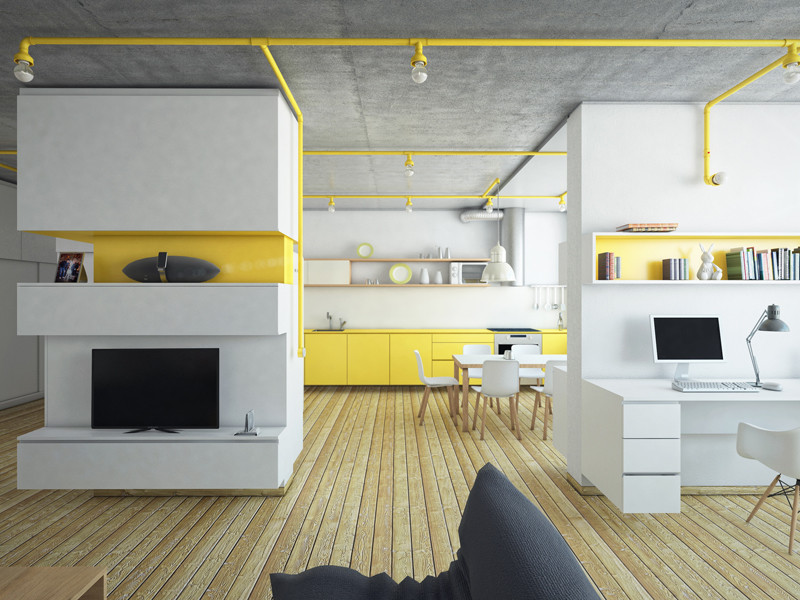Inspiration for a mid-sized industrial single-wall open plan kitchen in Berlin with flat-panel cabinets, yellow cabinets, beige splashback, laminate floors, with island and yellow benchtop.