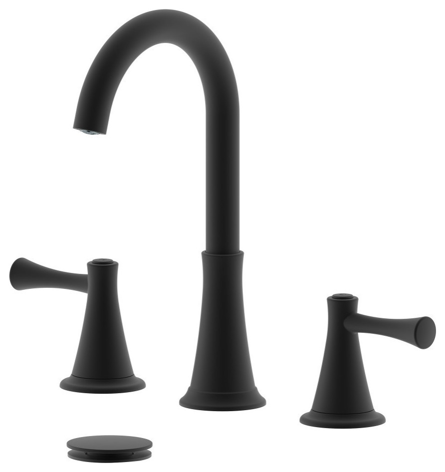 Kassel Double Handle Matte Black Widespread Faucet, Drain Assembly With Overflow