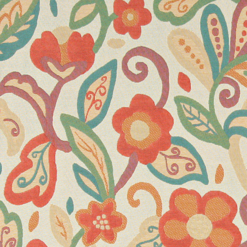 Teal, Green, Orange and Beige, Floral Contemporary Upholstery Fabric By The Yard