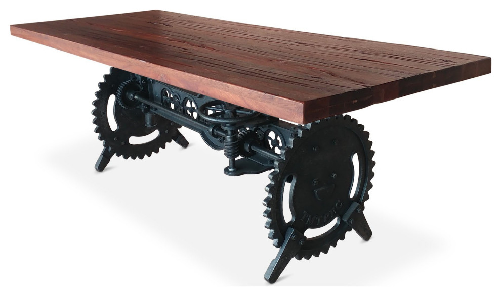 Steampunk Adjustable Dining Table Iron Crank Base Rustic Mahogany