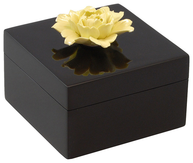 Lacquer Small Square Box, Yellow Rose Handle Black Box Contemporary