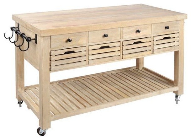 Earwin Natural Pine Kitchen Island on Casters with Pull Out Wood Bins