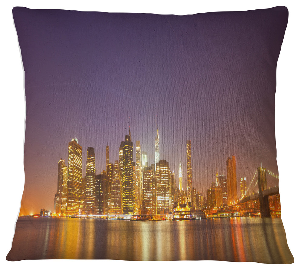 Illuminated NYC Downtown Buildings Cityscape Throw Pillow, 16"x16"