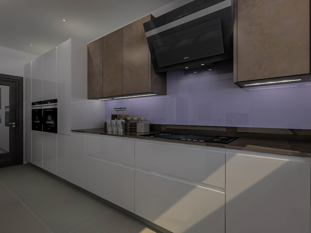 Photo of a large contemporary l-shaped eat-in kitchen in London with a single-bowl sink, flat-panel cabinets, brown cabinets, quartzite benchtops, metallic splashback, glass sheet splashback, black appliances, porcelain floors, with island and grey floor.