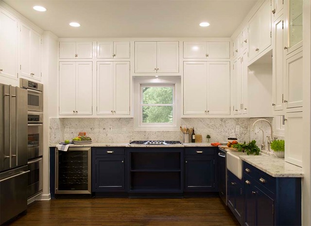 White Upper and Dark Blue Lower Cabinets in a Fantastic Kitchen ...