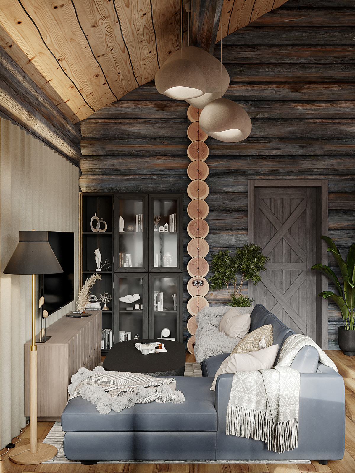 Дом из кело для рыбалки. Кухня-гостиная