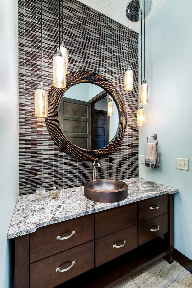 Transitional powder room in Chicago with matchstick tile, blue walls and a vessel sink.