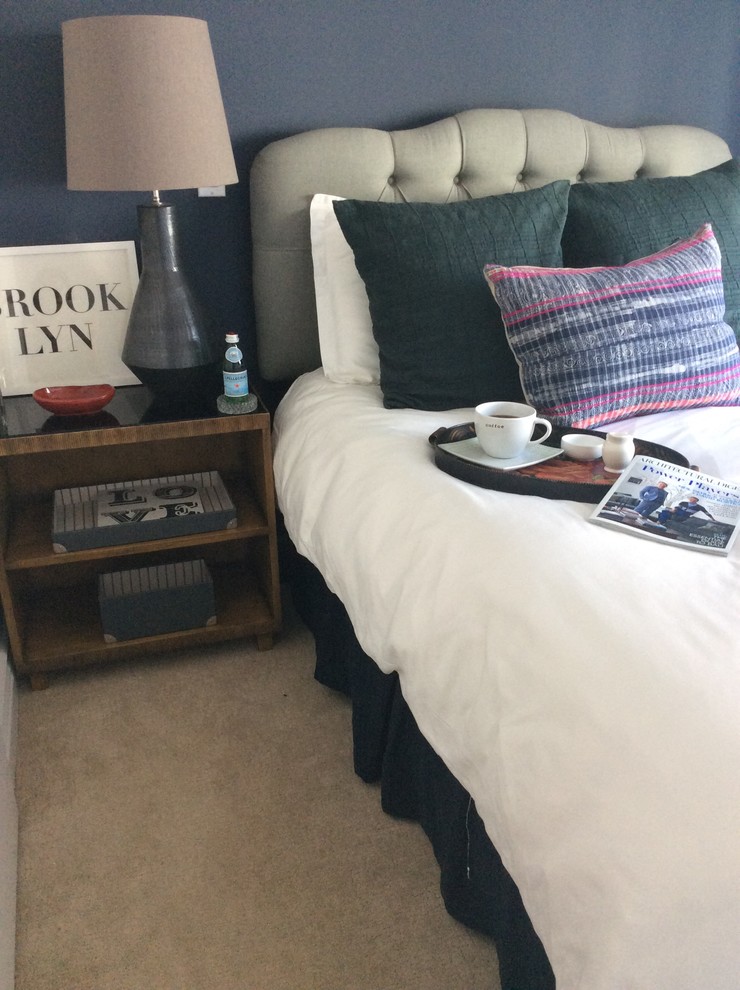 Идея дизайна: гостевая спальня среднего размера, (комната для гостей) в стиле неоклассика (современная классика) с синими стенами и ковровым покрытием