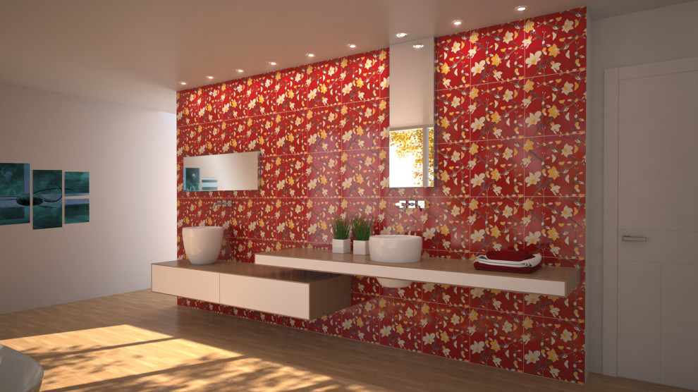 Idee per una stanza da bagno bohémian con ante rosse, piastrelle rosse, piastrelle in ceramica, pareti rosse, top piastrellato e top rosso