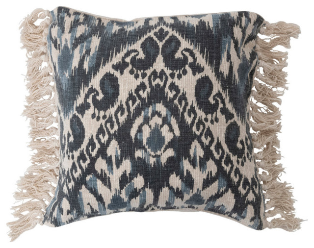 Stonewashed Woven Cotton Blend Pillow With Ikat Pattern and Fringe