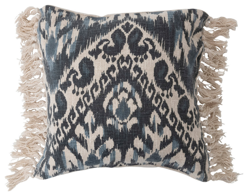 Stonewashed Woven Cotton Blend Pillow With Ikat Pattern and Fringe