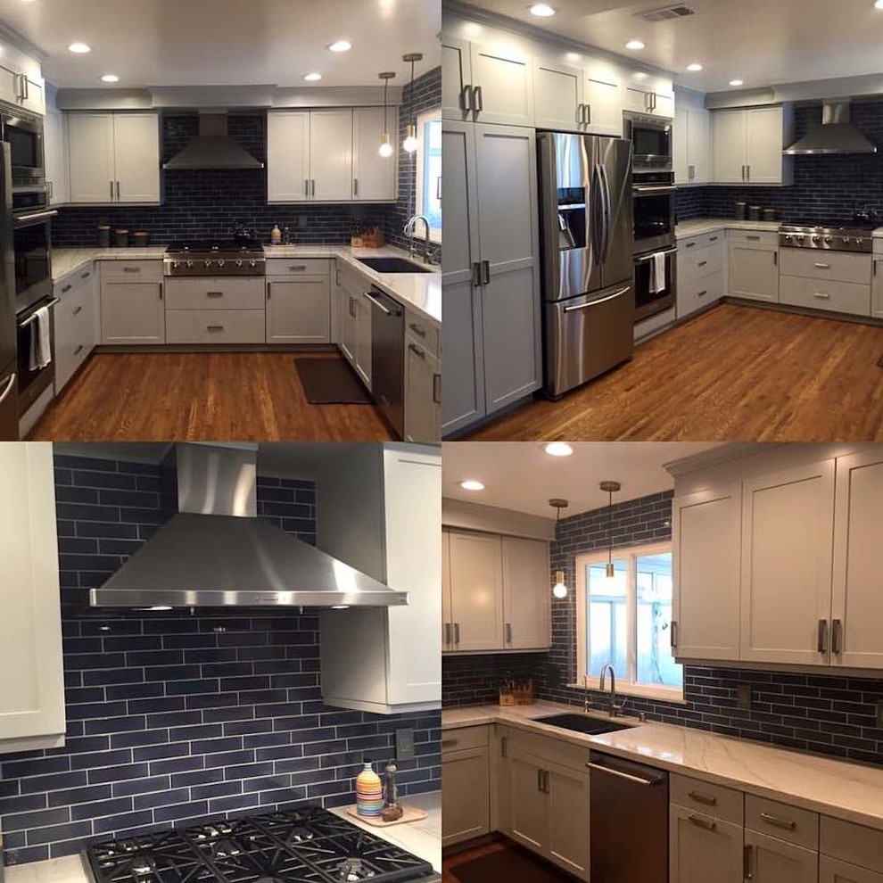Transitional White Kitchen with Blue Subway Tiles