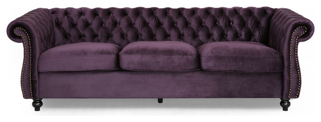 Gdf Studio Vita Chesterfield Jewel Tone Velvet Sofa With Scroll Arms Blackberry
