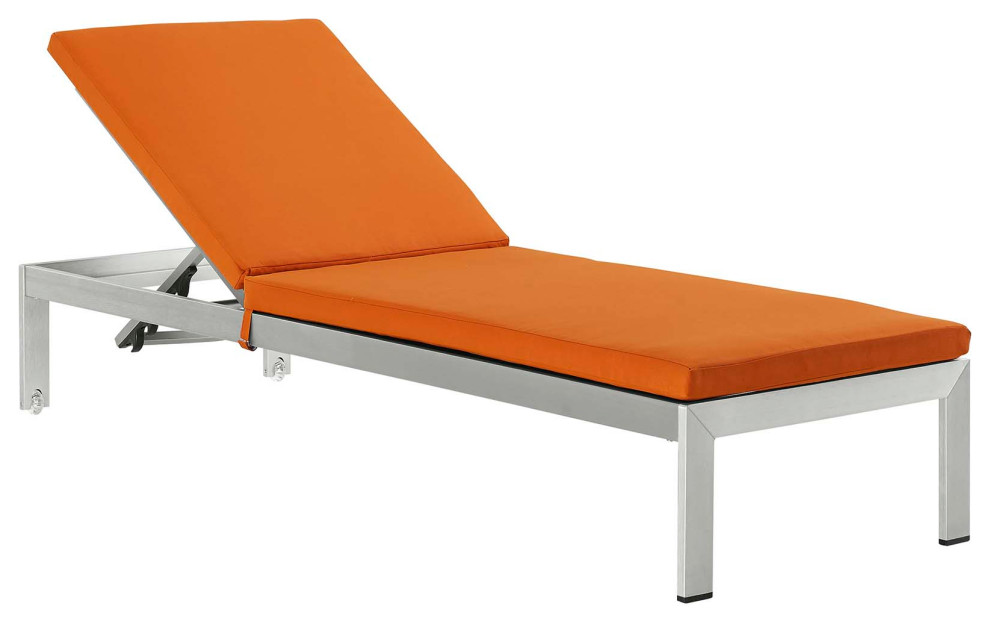 Shore Outdoor Patio Aluminum Chaise with Cushions, Silver Orange
