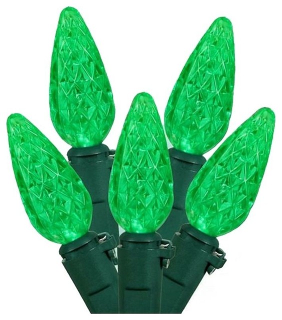 Faceted Green LED C6 Christmas Lights, Green Wire Contemporary