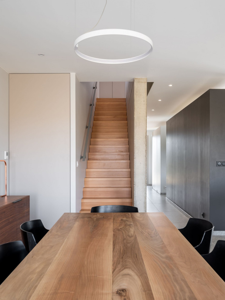 Idée de décoration pour un grand escalier droit minimaliste avec des marches en bois, des contremarches en bois et un garde-corps en matériaux mixtes.