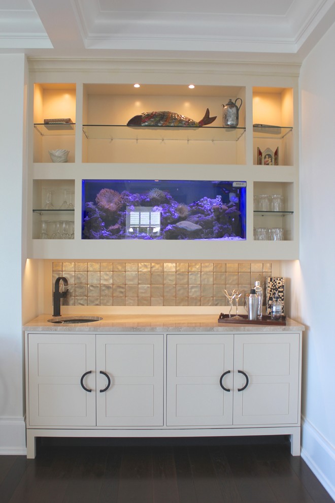 Photo of a small contemporary single-wall wet bar in New York with an undermount sink, shaker cabinets, white cabinets, marble benchtops, ceramic splashback and vinyl floors.
