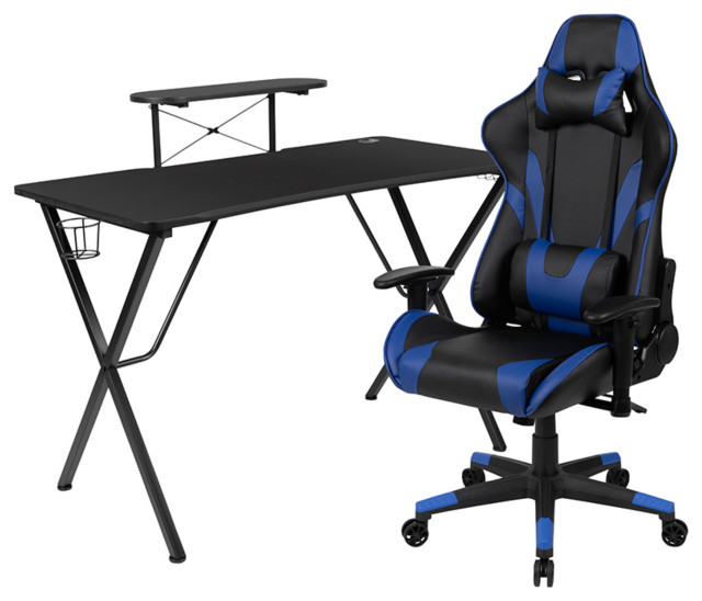 Black Desk and Blue Reclining Gaming Chair Set Modern Kitchen And