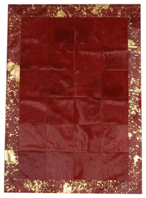 Patchwork Leather Cubed Cowhide Rug, Red With Acid Red Border, 200x300 cm