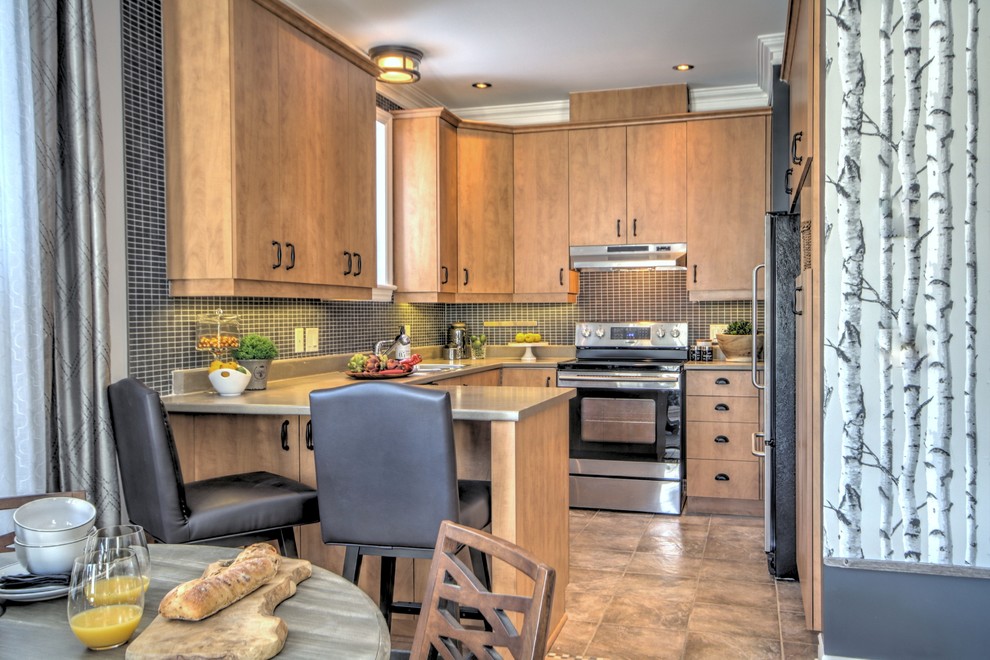 Kitchen pantry - mid-sized transitional u-shaped ceramic tile kitchen pantry idea in Montreal with a double-bowl sink, flat-panel cabinets, medium tone wood cabinets, laminate countertops, black backsplash, ceramic backsplash and stainless steel appliances