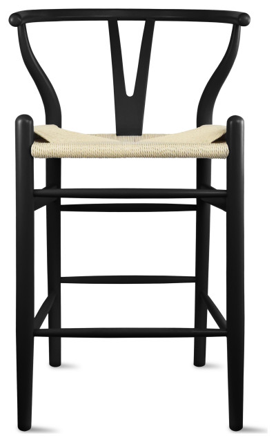 Wishbone Solid Wood Counter Height Bar Stool Y Open Back Weave Seat, Black