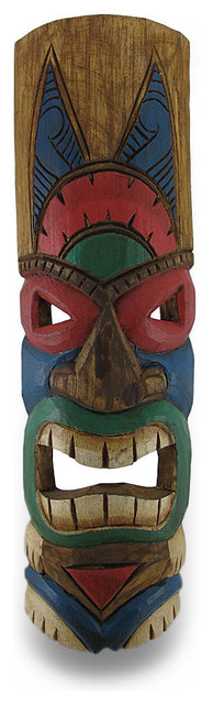 Big Grin Tiki Mask Hand Carved Wood Tan Red Green Blue Tiki 19"
