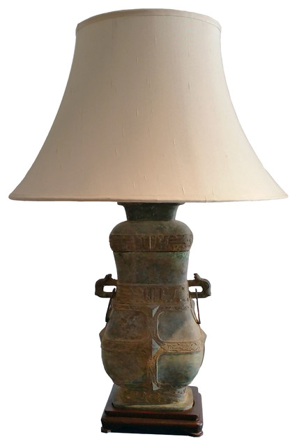 Chinese Antique Bronze Vase Table Lamp With Silk Empire Shade White Chinese Antique Bronze Vase Table Lamp With Silk Empire Shade White