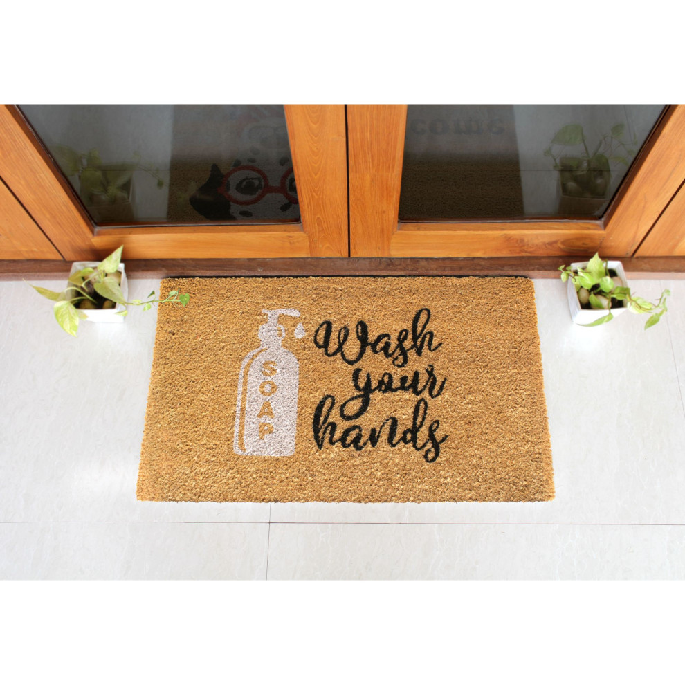 Natural Machine Tufted Wash Your Hands Doormat, 18" x 30", 18" x 30