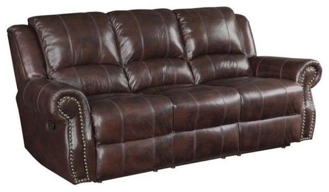 Bowery Hill Leather Reclining Sofa With, Brown Leather Nailhead Reclining Sofa