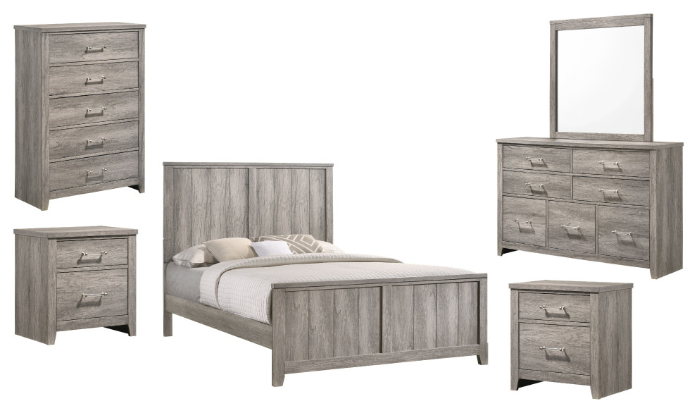 Violetta 6 Piece Country Bedroom Set, Queen, Gray Wood Farmhouse