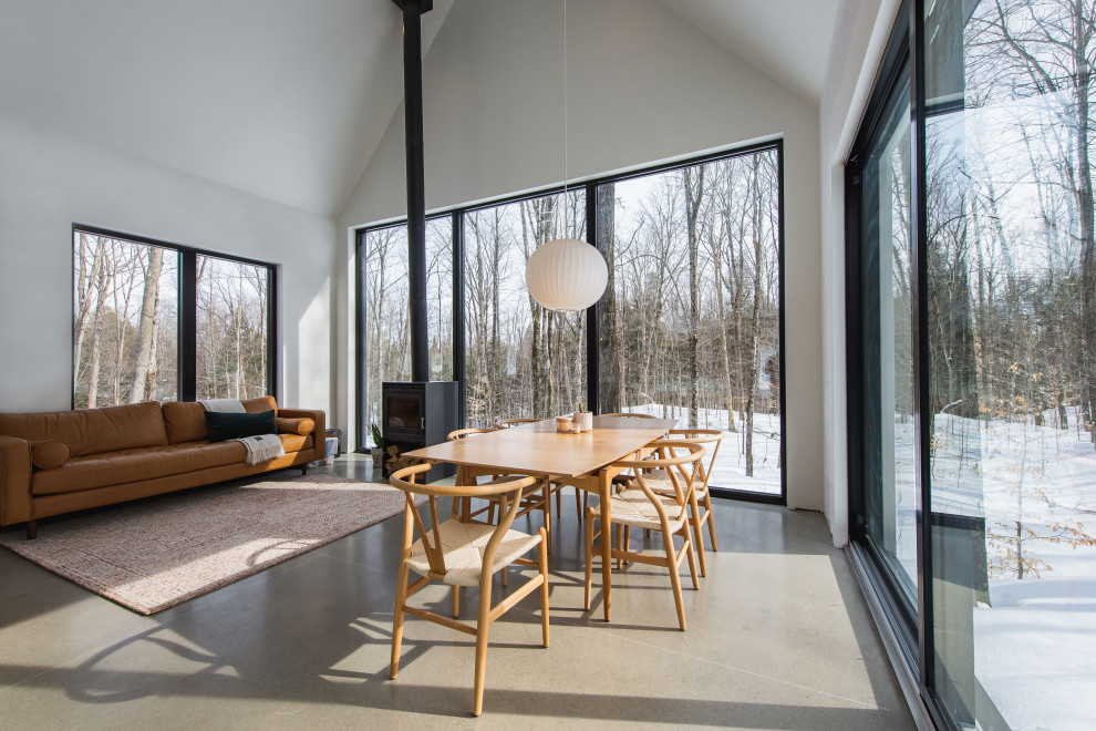 Идея дизайна: столовая в скандинавском стиле с белыми стенами, бетонным полом, печью-буржуйкой, серым полом и сводчатым потолком