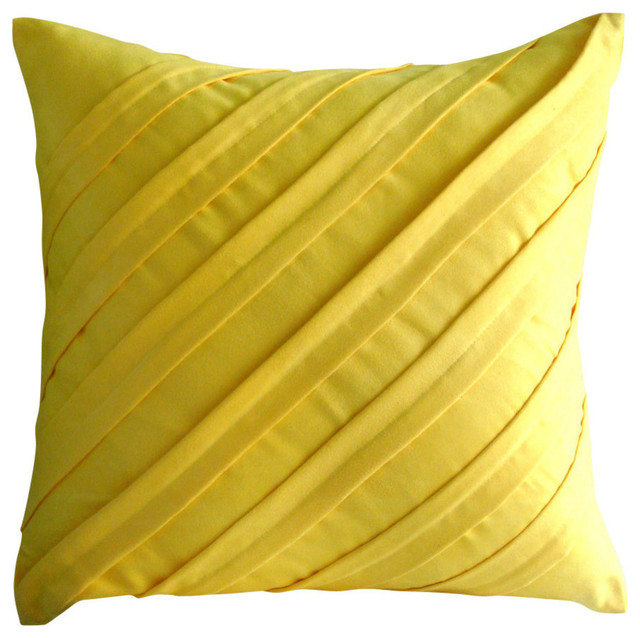 Textured Pintucks Yellow Faux Suede Cushion Covers Contemporary