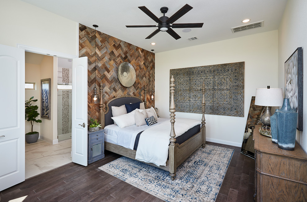 Photo of a large transitional master bedroom in Austin with white walls, dark hardwood floors and brown floor.