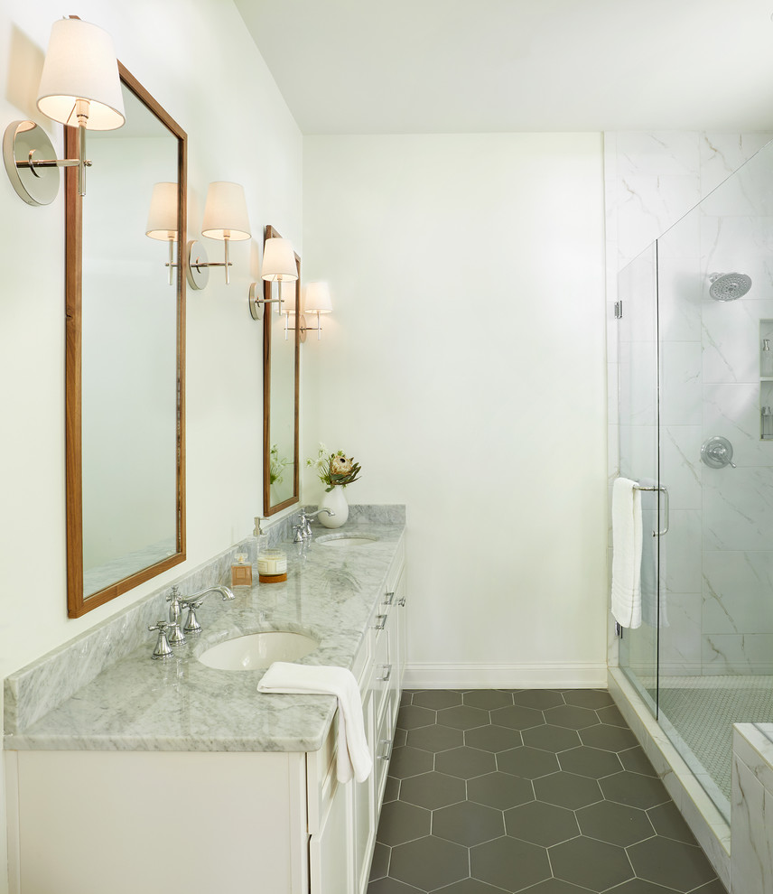 Inspiration for a large midcentury master bathroom in Nashville with white cabinets, white tile, ceramic tile, white walls, ceramic floors, an undermount sink, black floor, a hinged shower door and grey benchtops.