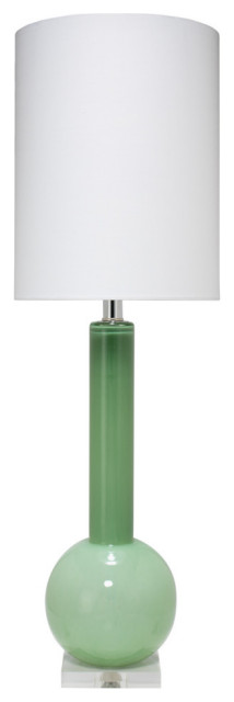 Studio Table Lamp Leaf Green Glass With Tall Thin Drum Shade White Linen Transitional Lamps By Hedgeapple Houzz Studio Table Lamp Leaf Green Glass, Tall Narrow Lamp Shades