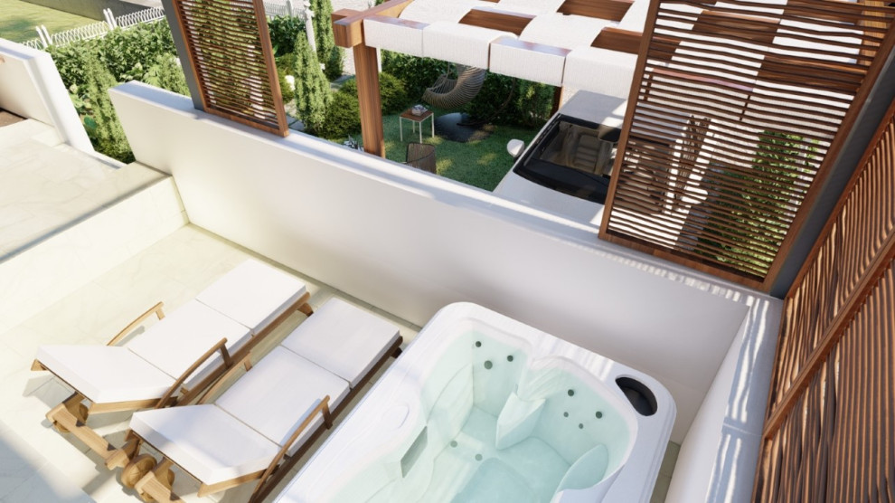 Mediterraner Pool in rechteckiger Form mit Natursteinplatten in Berlin