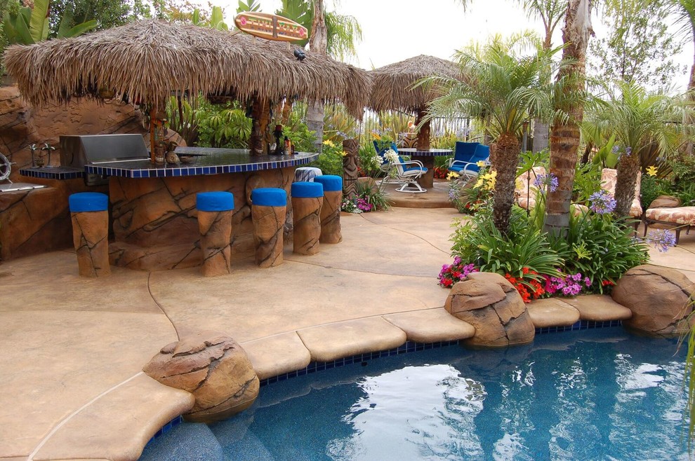 Design ideas for a mid-sized tropical backyard custom-shaped natural pool in Denver with a hot tub and concrete slab.