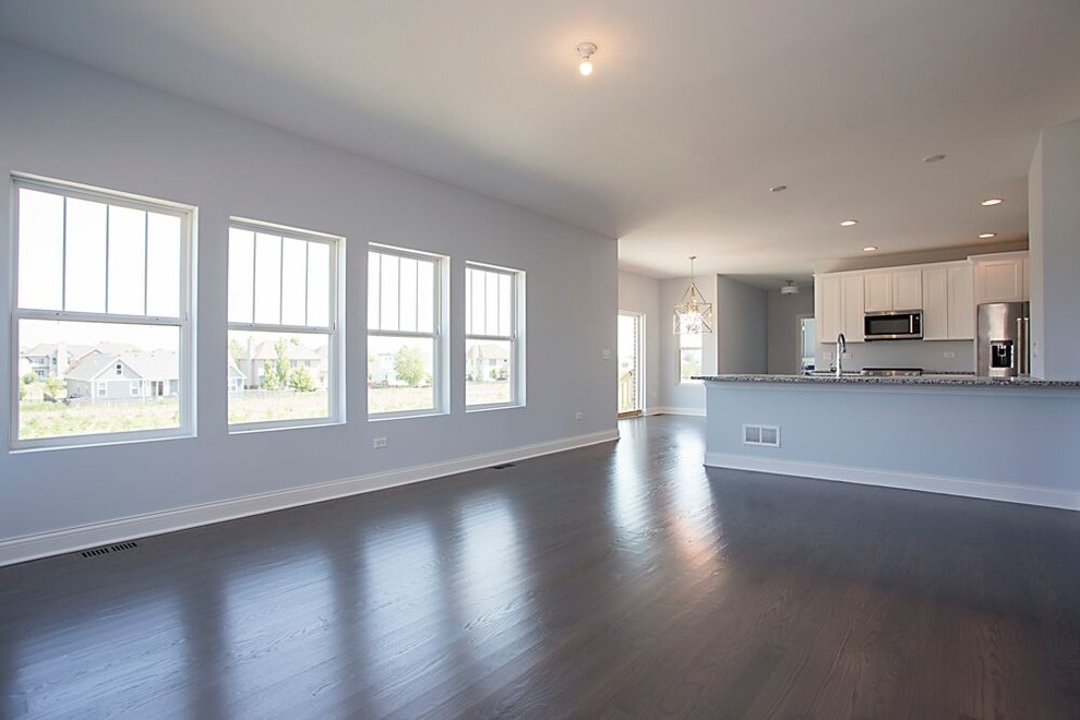 Large transitional single-wall dark wood floor and brown floor kitchen photo in Chicago with an undermount sink, recessed-panel cabinets, white cabinets, granite countertops, stainless steel appliances and no island