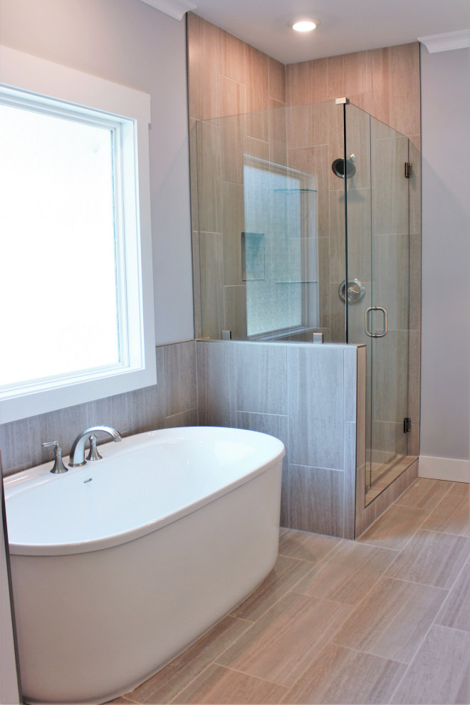 Design ideas for a medium sized traditional ensuite bathroom in Birmingham with shaker cabinets, blue cabinets, a freestanding bath, all types of shower, grey tiles, ceramic tiles, grey walls, ceramic flooring, a submerged sink, quartz worktops, grey floors, a hinged door, white worktops, double sinks and a built in vanity unit.