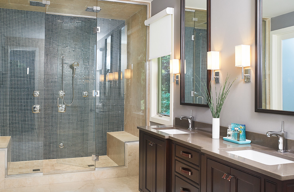 Inspiration for a country master bathroom with a double shower, blue tile, grey walls, an undermount sink, brown floor, a hinged shower door, brown benchtops, a shower seat, a double vanity, brown cabinets and a built-in vanity.